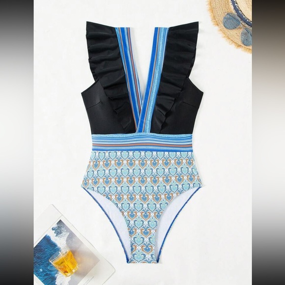 Boho floral print ruffle trim one piece swimsuit
